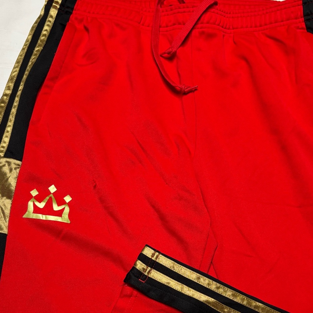 Adidas Red Joggers with Gold and Black Accents